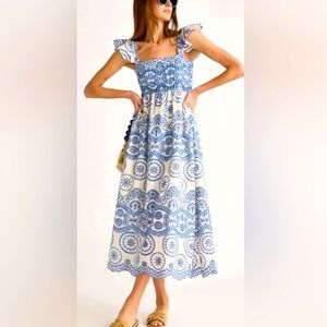 hazel & olive blue skies embroidered blue and white maxi dress size small EUC